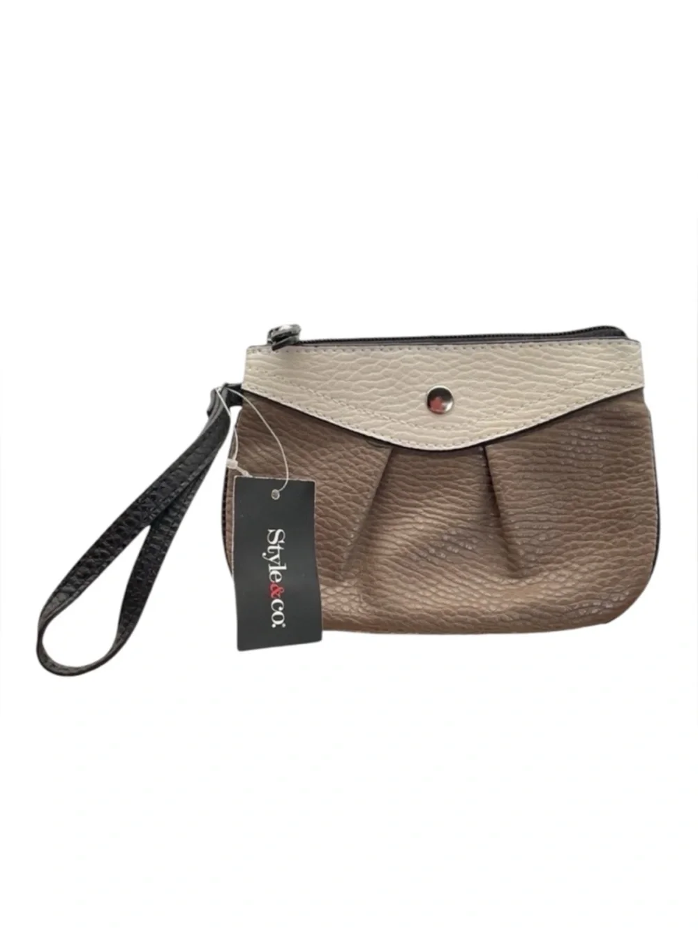 Style & Co Womens Pebbled Faux Leather Wristlet‎ Clutch Tan Cream Black New